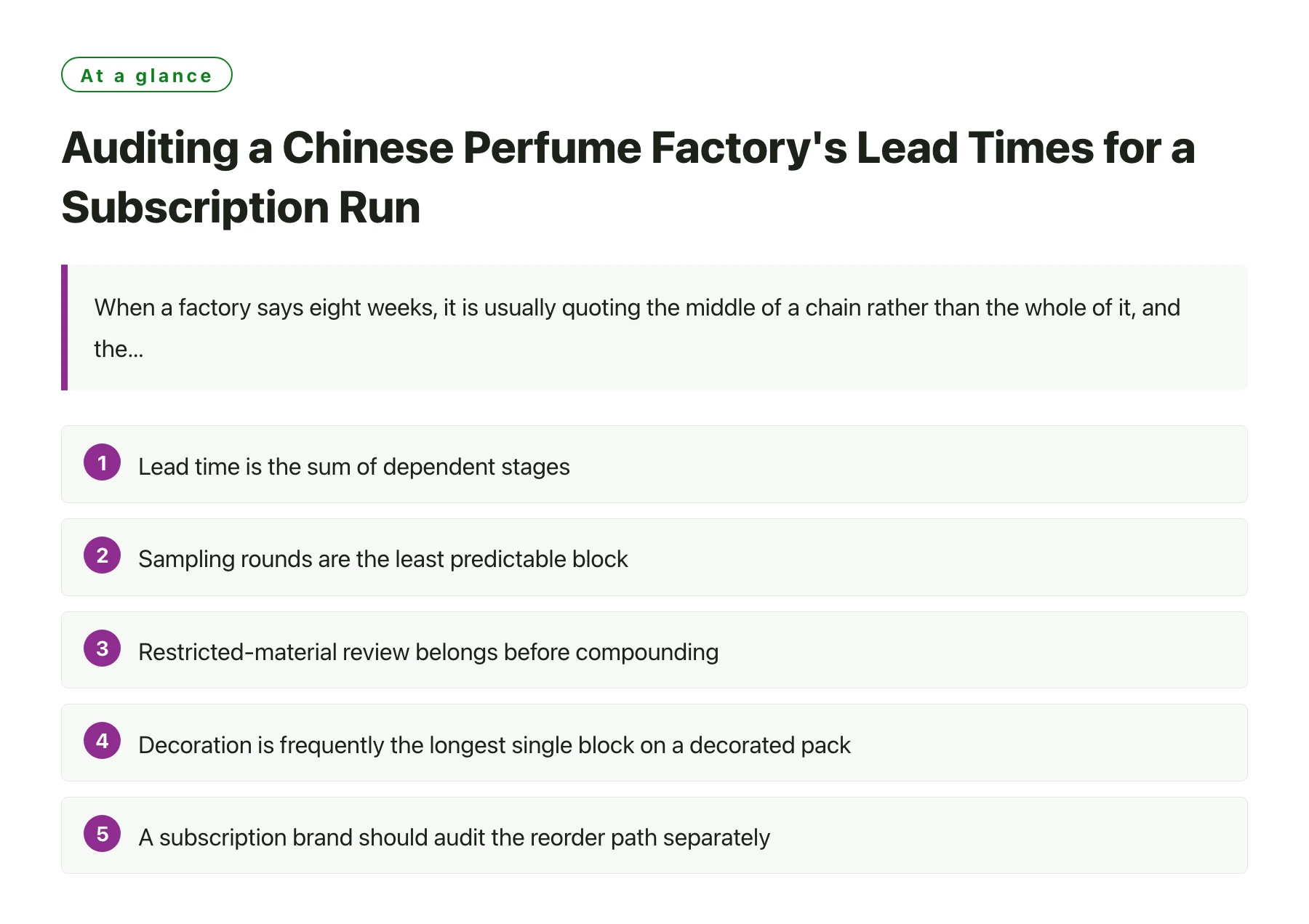 Auditing a Chinese Perfume Factory's Lead Times for a Subscription Run——全文要点速览